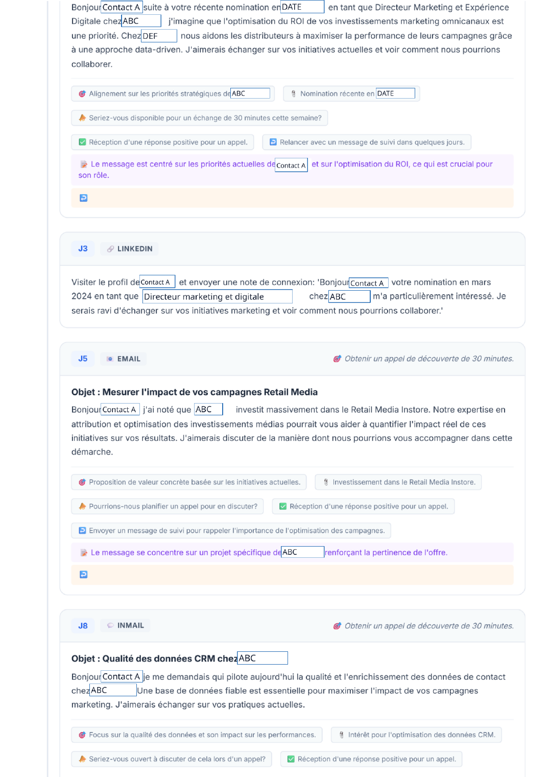 Messages de prospection personnalisés de la nouvelle fiche contact anonymisée ThinkTarget au format PDF original